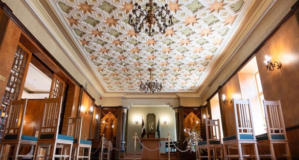 photo of Sigulda, Latvia - June12 2023: Sigulda new castle built as a residence for the owners of the manor. Interior with great hall with beautiful ceiling.