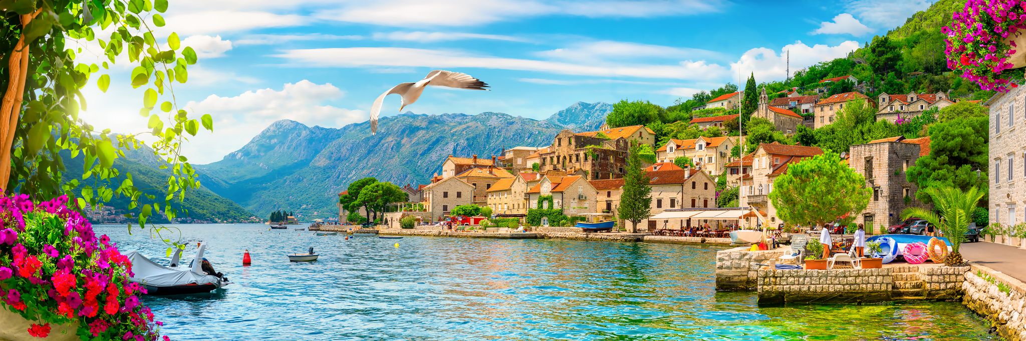Historic city of Perast at Bay of Kotor in summer, Montenegro.