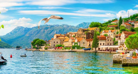 Historic city of Perast at Bay of Kotor in summer, Montenegro.