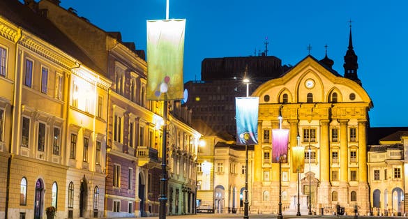 Ursuline Church of the Holy Trinity also Nun Church is a parish church in Ljubljana, the capital of Slovenia. It is located at Slovene Street, along Congress Square. Shot at dusk.