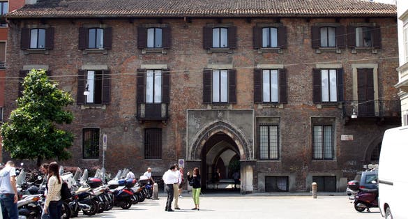 The facade of Palazzo Borromeo in Milan, Italy. 