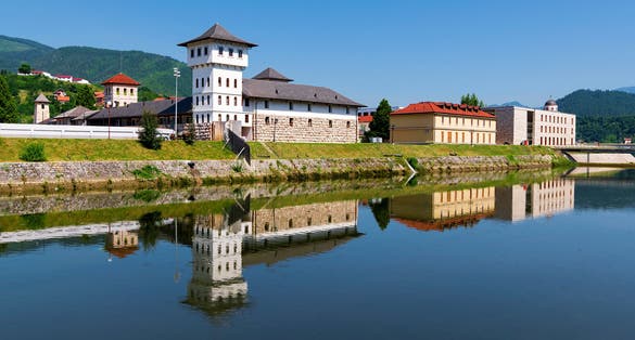 Photo of Andricgrad from river in Visegrad, Bosnia and Herzegovina.