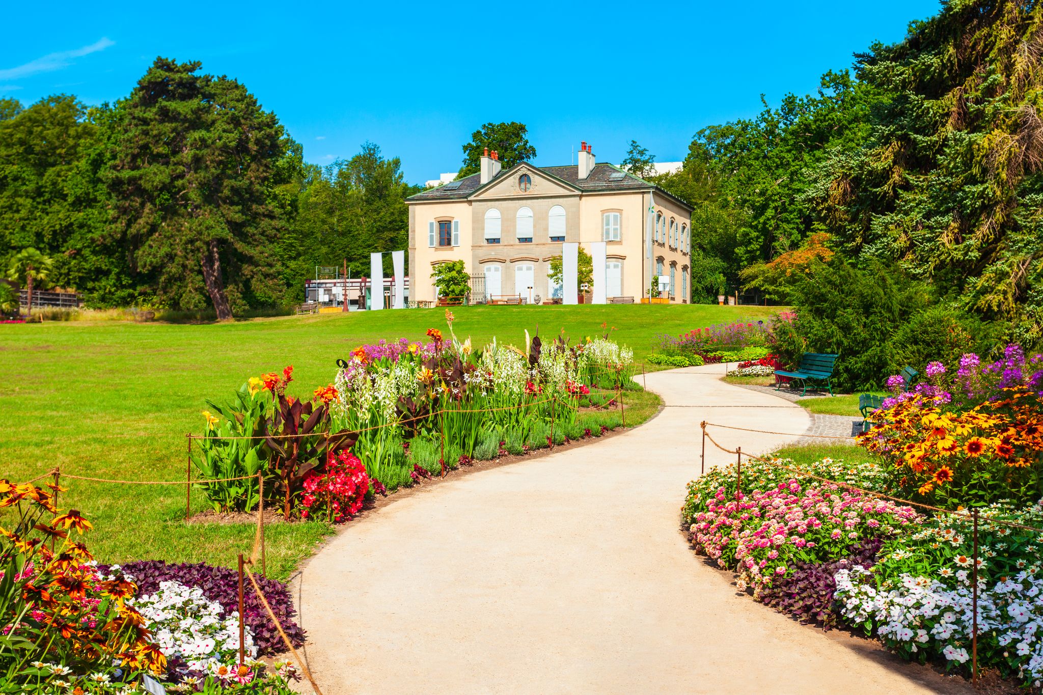 Geneva skyline cityscape, French-Swiss in Switzerland. Aerial view of Jet d'eau fountain, Lake Leman, bay and harbor from the bell tower of Saint-Pierre Cathedral. Sunny day blue sky.