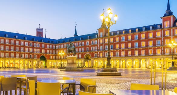 Photo of Old town Madrid, Spain's Plaza Mayor at night.