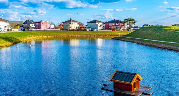 Duck house at a moat around town Fredrikstad in Norway