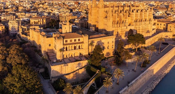 photo of aerial view of Royal Palace of La Almudaina in Palma, Spain.
