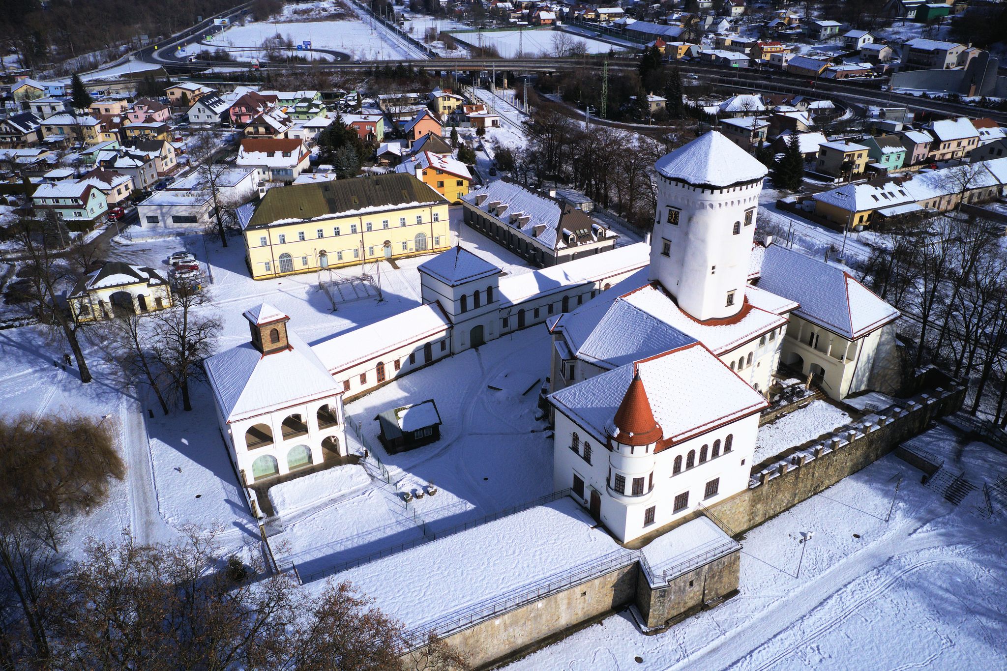 Photo of Wider aerial view on historical Budatin castle near Zilina during winter, Slovakia, Europe.
