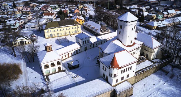 Photo of Wider aerial view on historical Budatin castle near Zilina during winter, Slovakia, Europe.