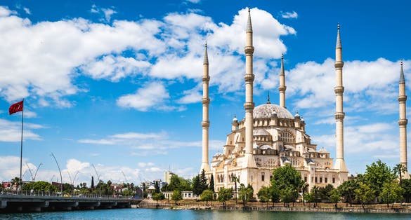 Photo of Sabancı Merkez Camii (English: Sabancı Central Mosque) in Adana, Turkey. The mosque is the second largest mosque in Turkey and the landmark in the city of Adana.