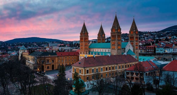 photo of view of Aerial photo about the Giant church in Pecs city. Hungary. Hungarian name is Pécsi bazilika.