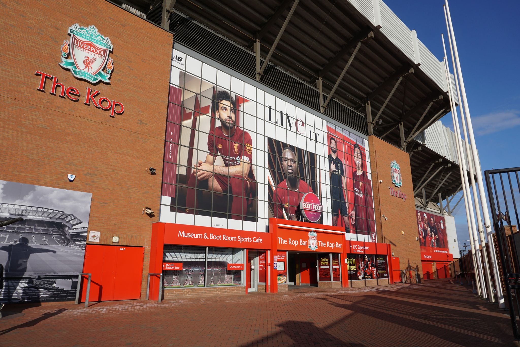 The Kop is the famous stand at Anfield, Liverpool football club's stadium. It houses the Kop Bar, Museum and Boot Room and a sports cafe.