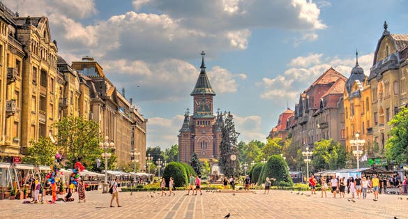 Historical center in sunny weather, Timisoara, Romania.