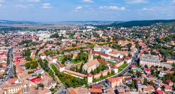 Drone view of Medieval Fortress Targu Mures, Mures County