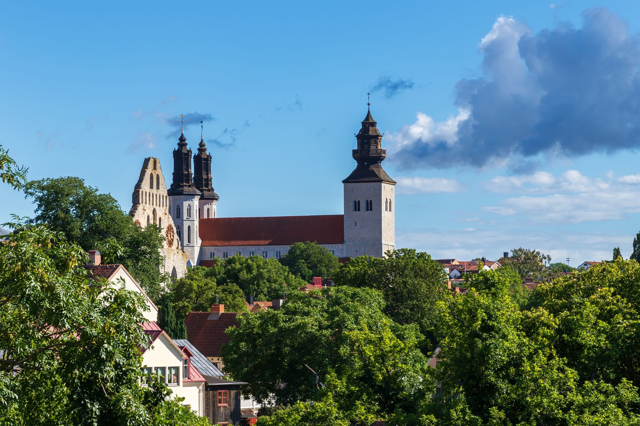 photo of Visby Saint Mary's Cathedral as seen from the botanical garden in Visby, Sweden.
