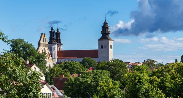 photo of Visby Saint Mary's Cathedral as seen from the botanical garden in Visby, Sweden.