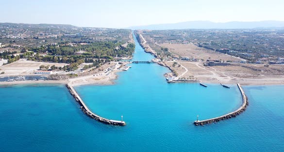 photo of Aerial bird's eye view photo in Poseidonia entrance of Corinth Canal, Greece.