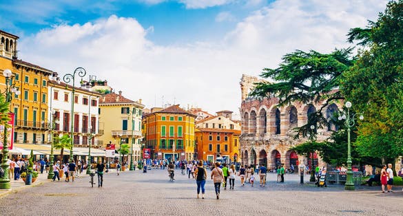 Photo of Cityscape of Verona with Piazza Bra and Verona Arena on a sunny day in Verona, Italy.