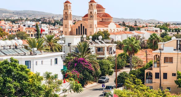 Photo of aerial view of Paphos with the Orthodox Cathedral of Agio Anargyroi, Cyprus.