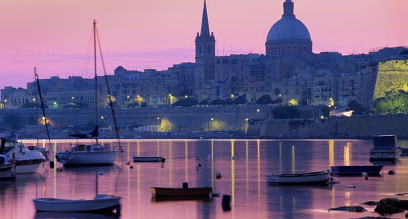 Photo of Sunrise over Msida Creek to Valletta with Dome of Carmelite Church, Valletta, Malta, Mediterranean, Europe.
