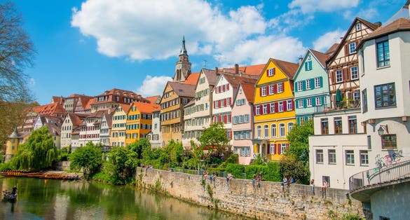 Photo of Tuebingen in the Stuttgart city ,Germany Colorful house in riverside and blue sky. 