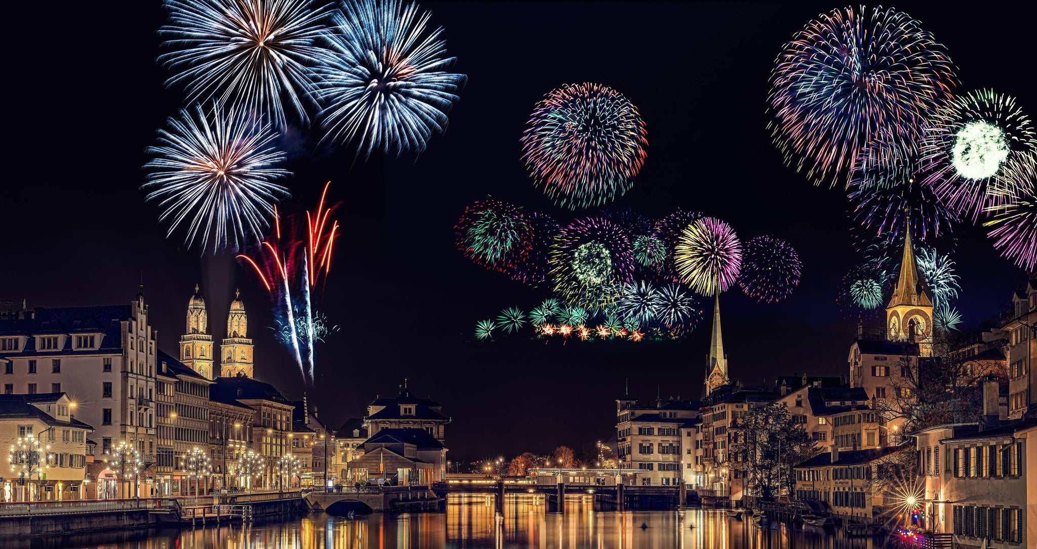 Colorful New Year’s Eve fireworks over Zurich’s Old Town and riverfront at night..jpg