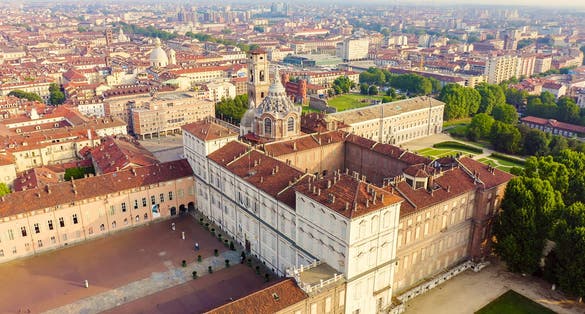 photo of Turin, Italy. Royal Palace in Turin. Flight over the city. Historical center, top view, Aerial View .