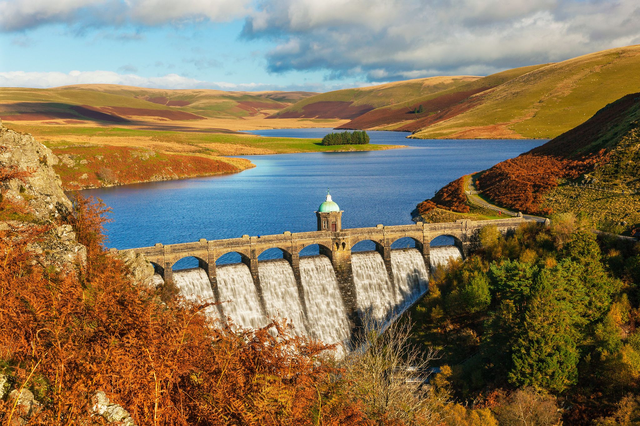 Photo of aerial  view of Craig Goch Dam, Elan Valley, Powys, Mid Wales, UK.