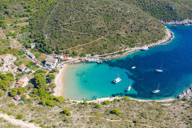 Aerial view of the beach Porat on Bisevo island in Croatia