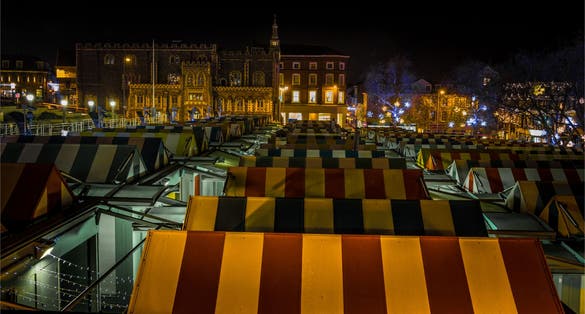 Photo of Norwich Market Stalls at night, UK.