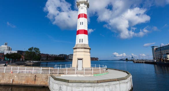 White lighthouse in Malmo. Malmo, Scania, Sweden.