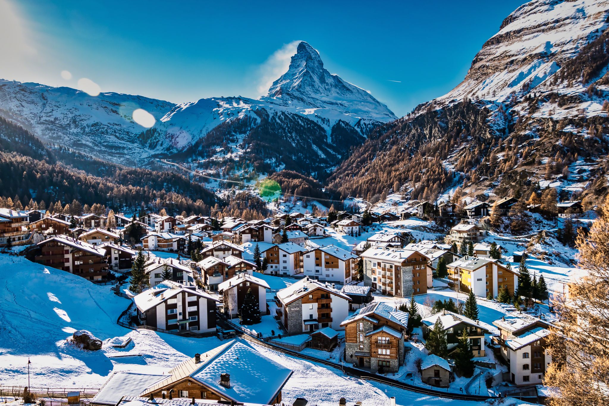 photo of an aerial view of Zermatt & Matterhorn Mountain in Switzerland.