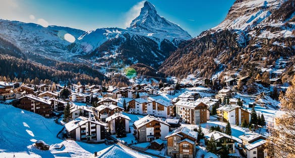photo of an aerial view of Zermatt & Matterhorn Mountain in Switzerland.