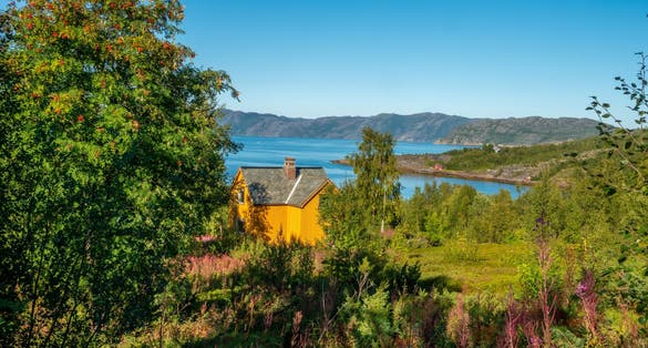 Altafjord panorama, the location of the prehistoric rock carvings, Alta, Troms og Finnmark, Norway.