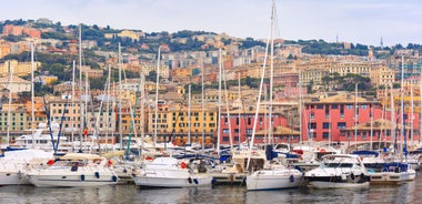 Photo of beautiful landscape of panoramic aerial view port of Genoa in a summer day, Italy.