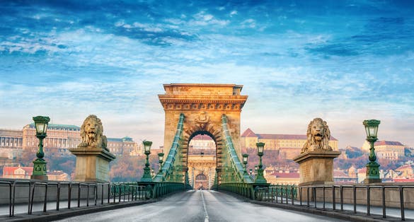Photo of the chain bridge in Budapest, Hungary.