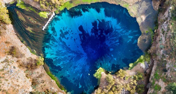 Photo of aerial view of lake almyros in Heraklion, Crete, Greece.
