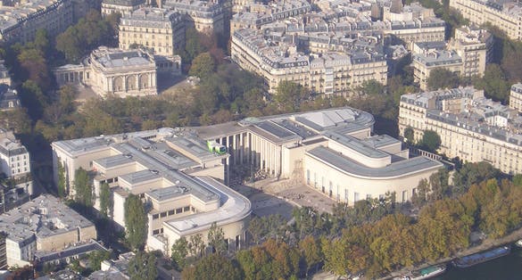 View of the Palais de Tokyo, seen from the Eiffel Tower. The eastern wing is on the right.