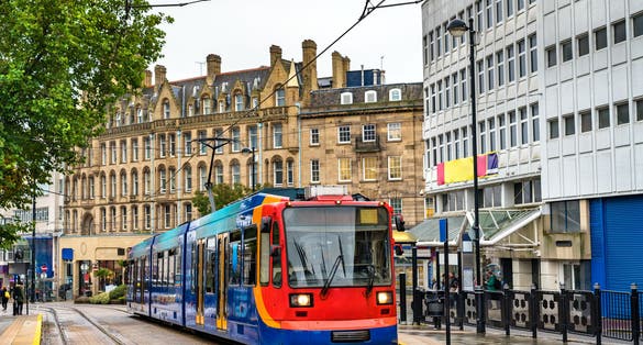 City tram at Cathedral station in Sheffield - South Yorkshire, England