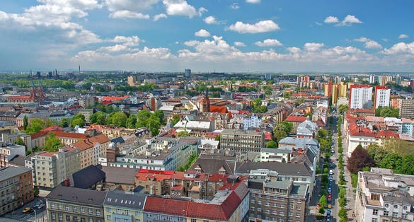 Photo of the city of Ostrava at the summer time and sunny weather as seen from the lookout on the top of the city hall.