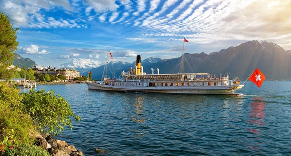 Summer evening landscape of Lake Geneva in Montreux, Switzerland