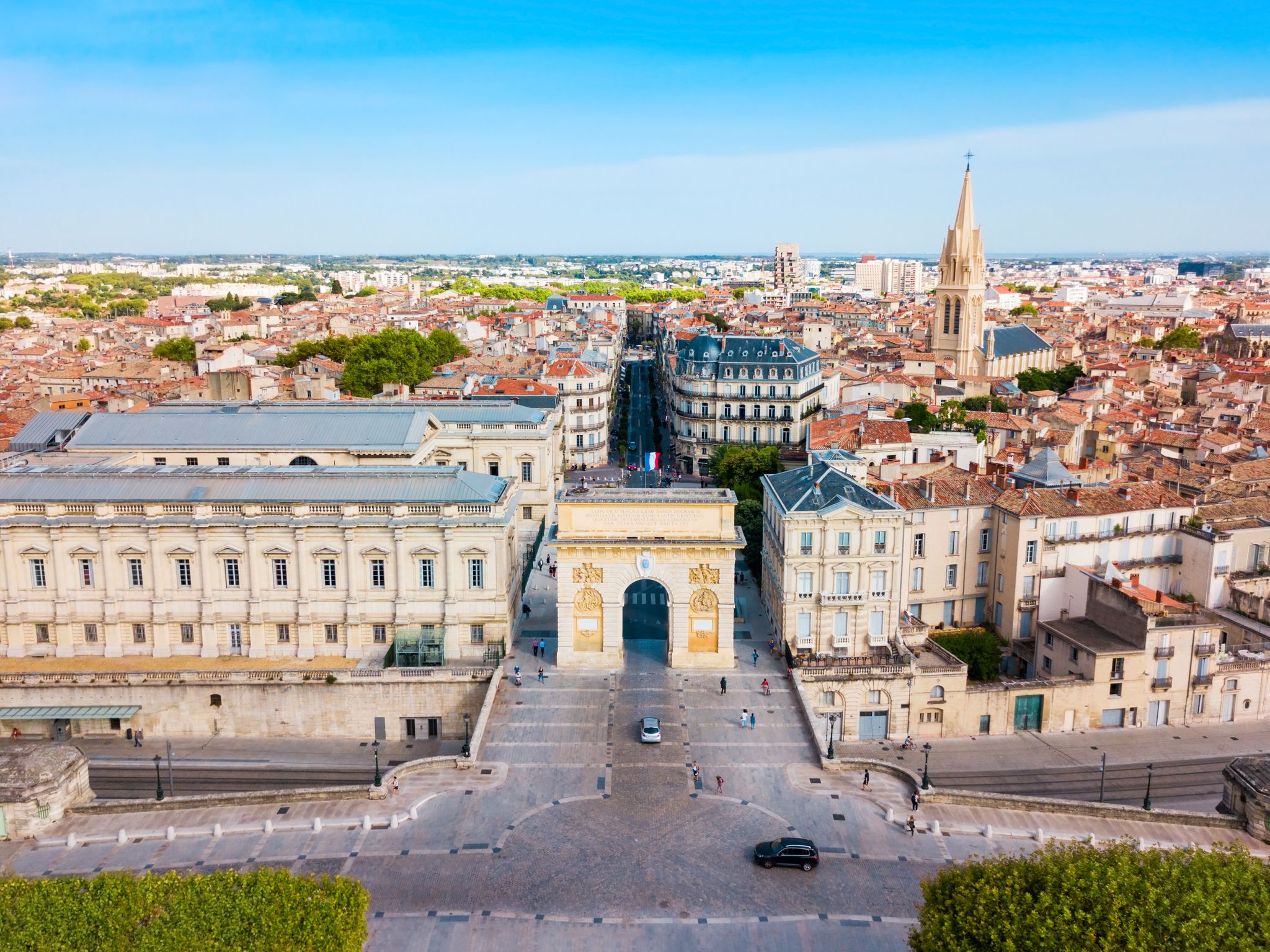 Paris, France. Panoramic view from Arc de Triomphe. Eiffel Tower and Avenue des Champs Elysees. Europe.