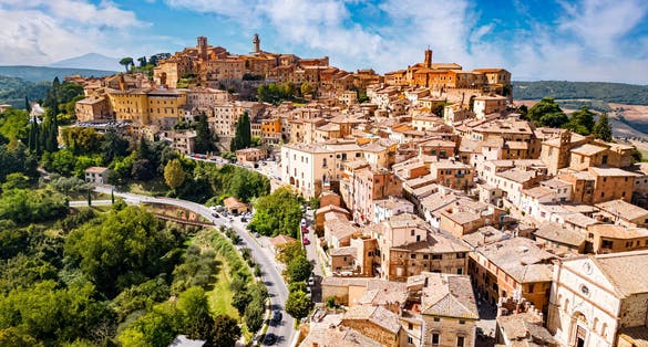 photo of view of  Aerial view of Montepulciano, a medieval and Renaissance hill town in the Italian province of Siena in southern Tuscany, Italy