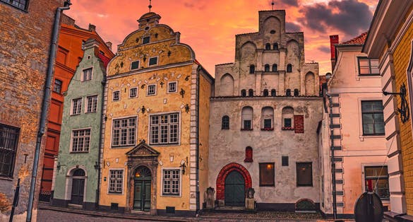 photo of the oldest buildings in the old town of Riga, Latvia. Three brothers houses. Medieval architecture of a European city.