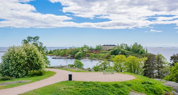 Photo of the Kaivopuisto park and Harakka island on the background, Helsinki, Finland.
