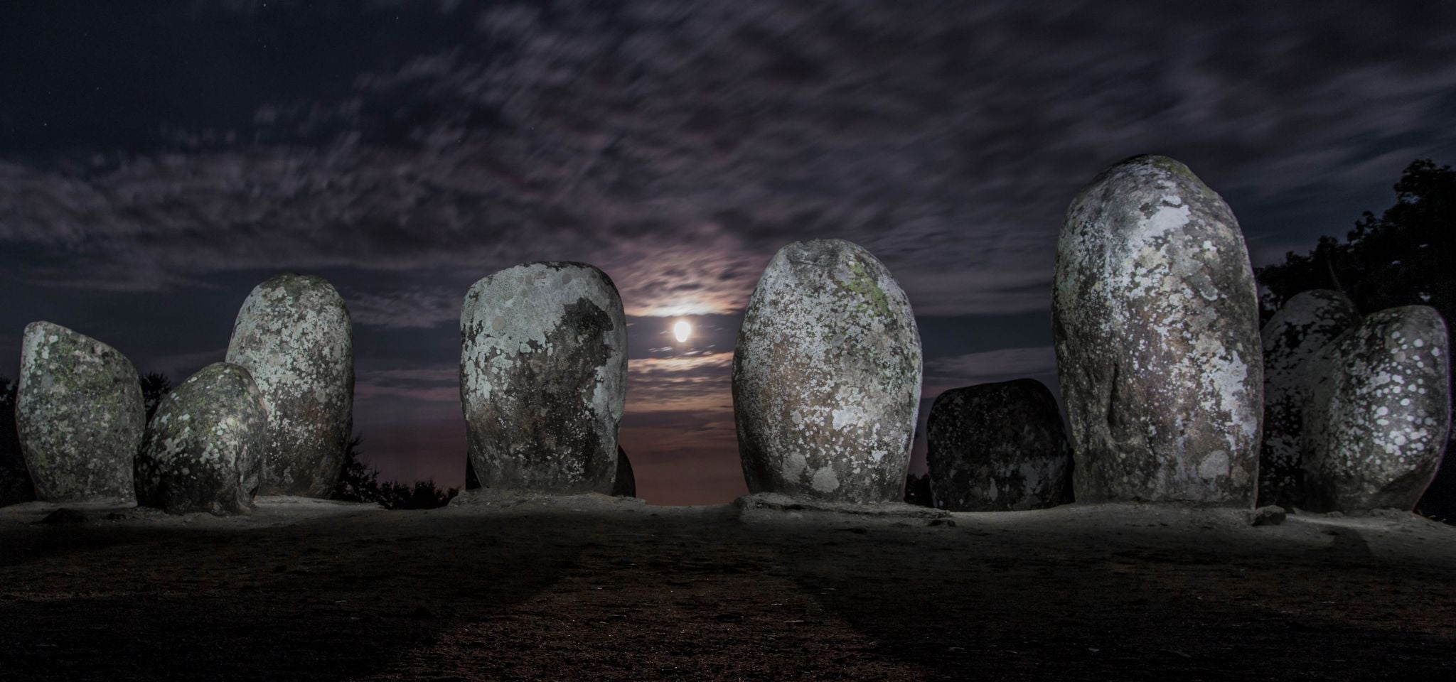 Megalithic stone circles 'Almendres Cromlech' Portugal, super-moon