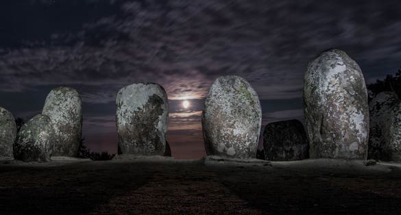 Megalithic stone circles 'Almendres Cromlech' Portugal, super-moon