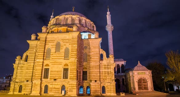 photo of night view of Laleli Mosque in Istanbul, Turkey.