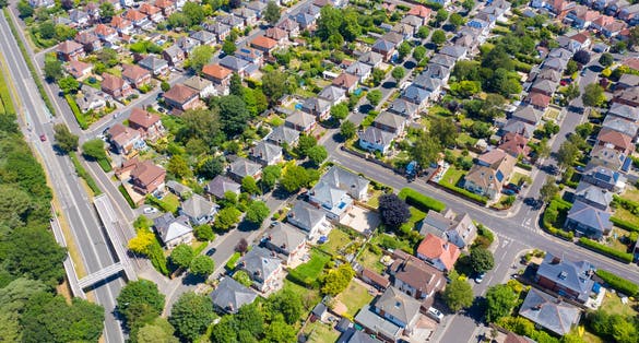 Photo of aerial drone photo of a typical British housing estate located in the town of Bournemouth.