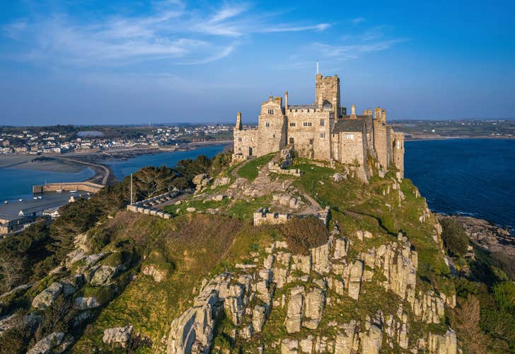 St Michael's Mount from a drone, Marazion, Penzance, Cornwall, England