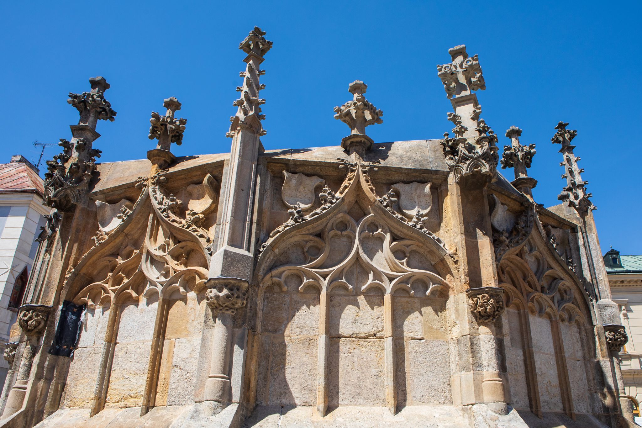 Photo of detail of gothic stone fountain in Kutna Hora, a town in the Central Bohemian Region of the Czech Republic.